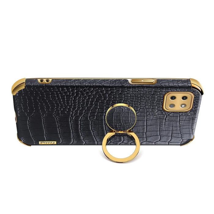 For Samsung Galaxy A22 5G (EU Version) Crocodile Texture PU Leather Coated TPU Case Electroplating Ring Kickstand Phone Cover - Black - 7