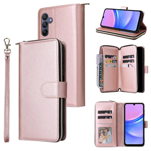 For Samsung Galaxy A16 5G / A16 4G Case Zipper Pocket PU Leather Phone Cover with Hand Strap - Rose Gold - 1
