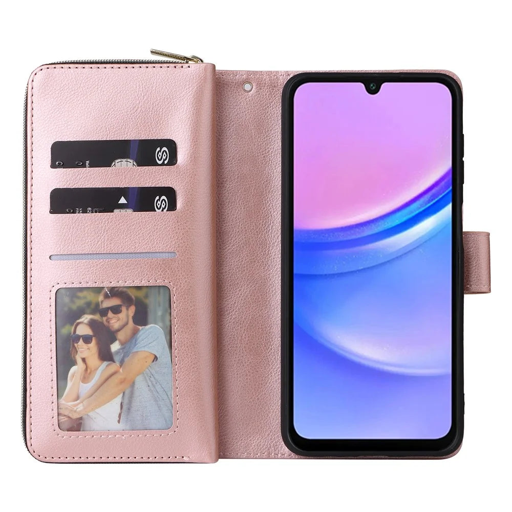 For Samsung Galaxy A16 5G / A16 4G Case Zipper Pocket PU Leather Phone Cover with Hand Strap - Rose Gold - 2