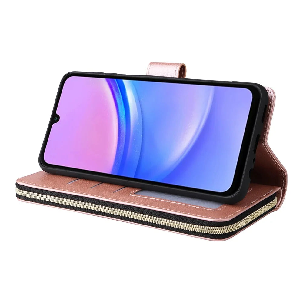 For Samsung Galaxy A16 5G / A16 4G Case Zipper Pocket PU Leather Phone Cover with Hand Strap - Rose Gold - 4