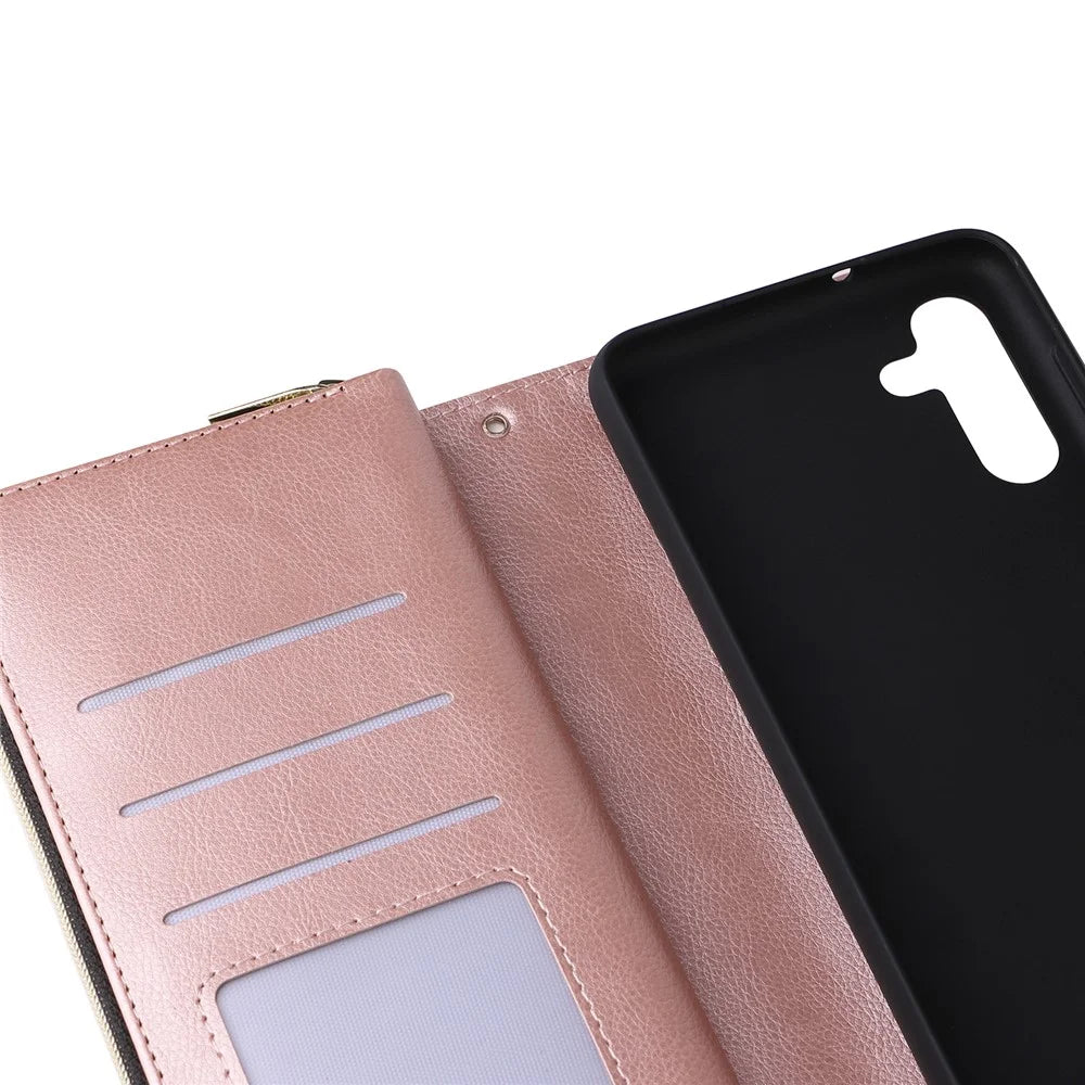 For Samsung Galaxy A16 5G / A16 4G Case Zipper Pocket PU Leather Phone Cover with Hand Strap - Rose Gold - 7