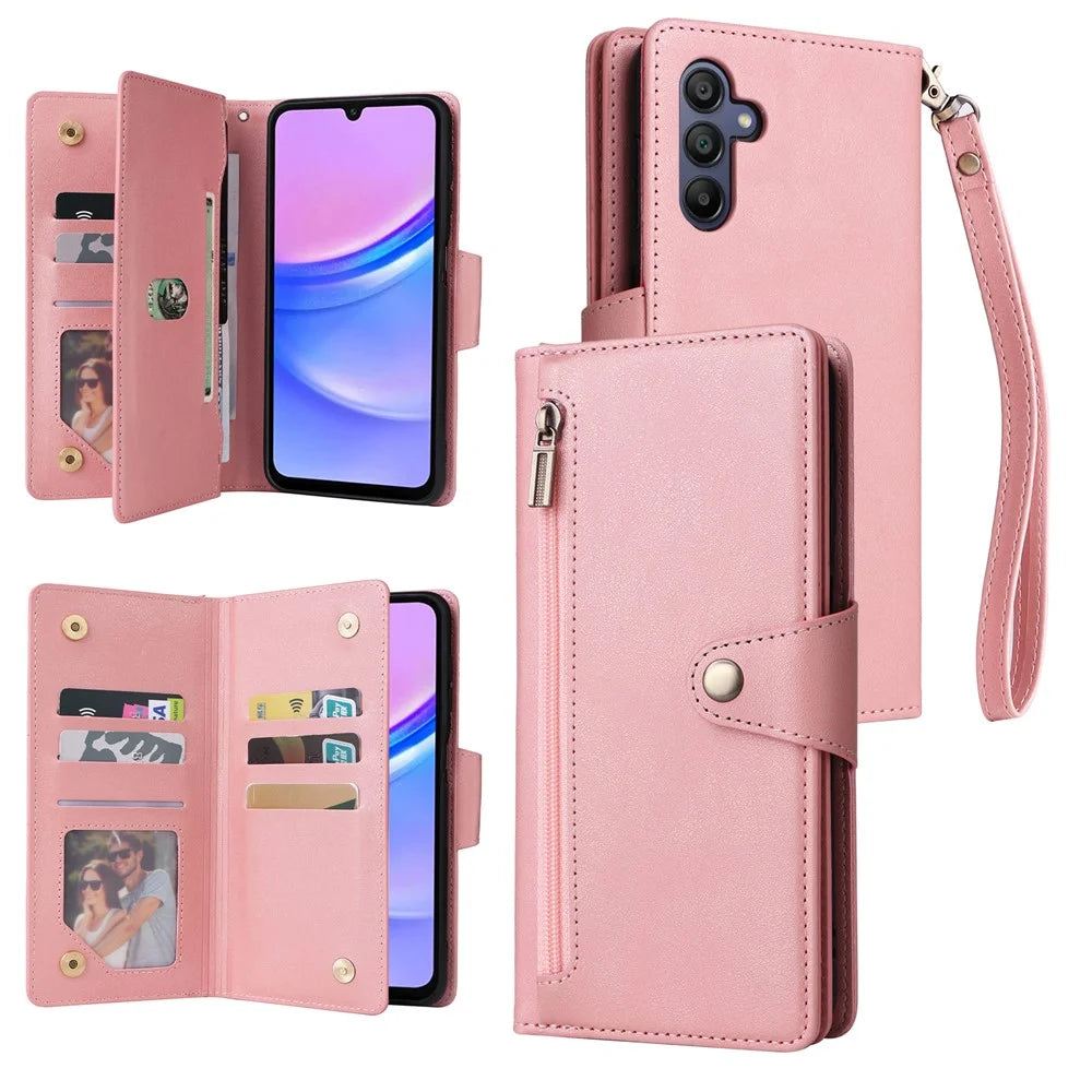 For Samsung Galaxy A16 5G / A16 4G Case Zipper Wallet Leather Stand Phone Cover Rivet Decor - Rose Gold - 1