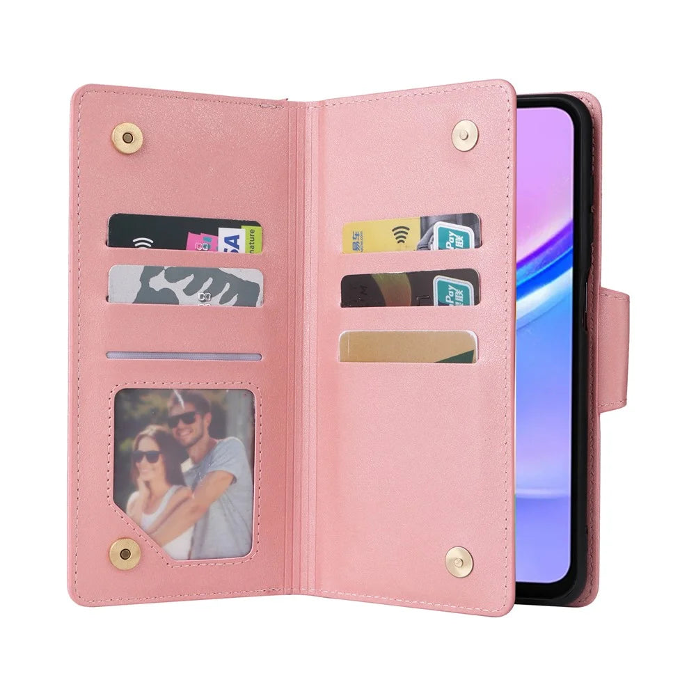 For Samsung Galaxy A16 5G / A16 4G Case Zipper Wallet Leather Stand Phone Cover Rivet Decor - Rose Gold - 2