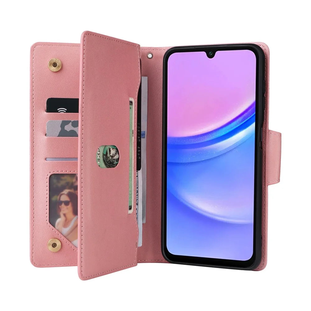 For Samsung Galaxy A16 5G / A16 4G Case Zipper Wallet Leather Stand Phone Cover Rivet Decor - Rose Gold - 3