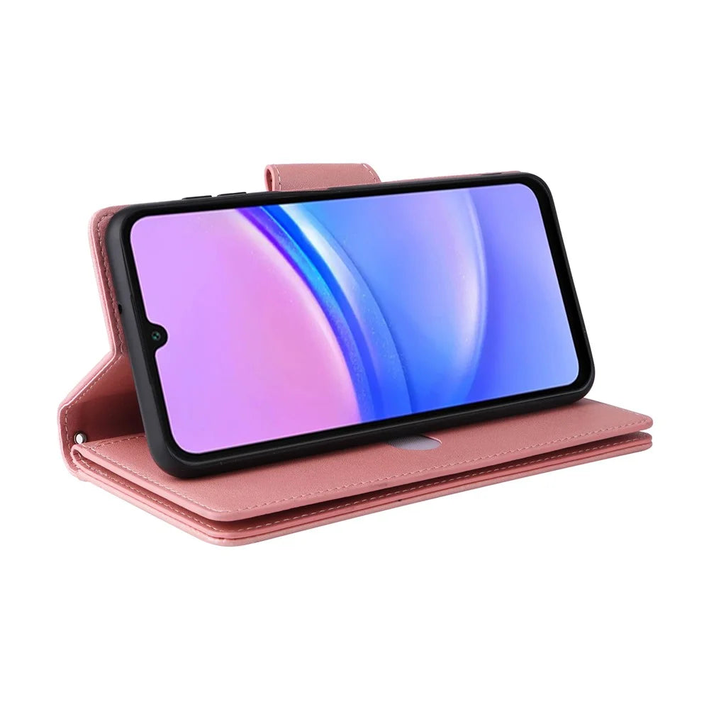 For Samsung Galaxy A16 5G / A16 4G Case Zipper Wallet Leather Stand Phone Cover Rivet Decor - Rose Gold - 4