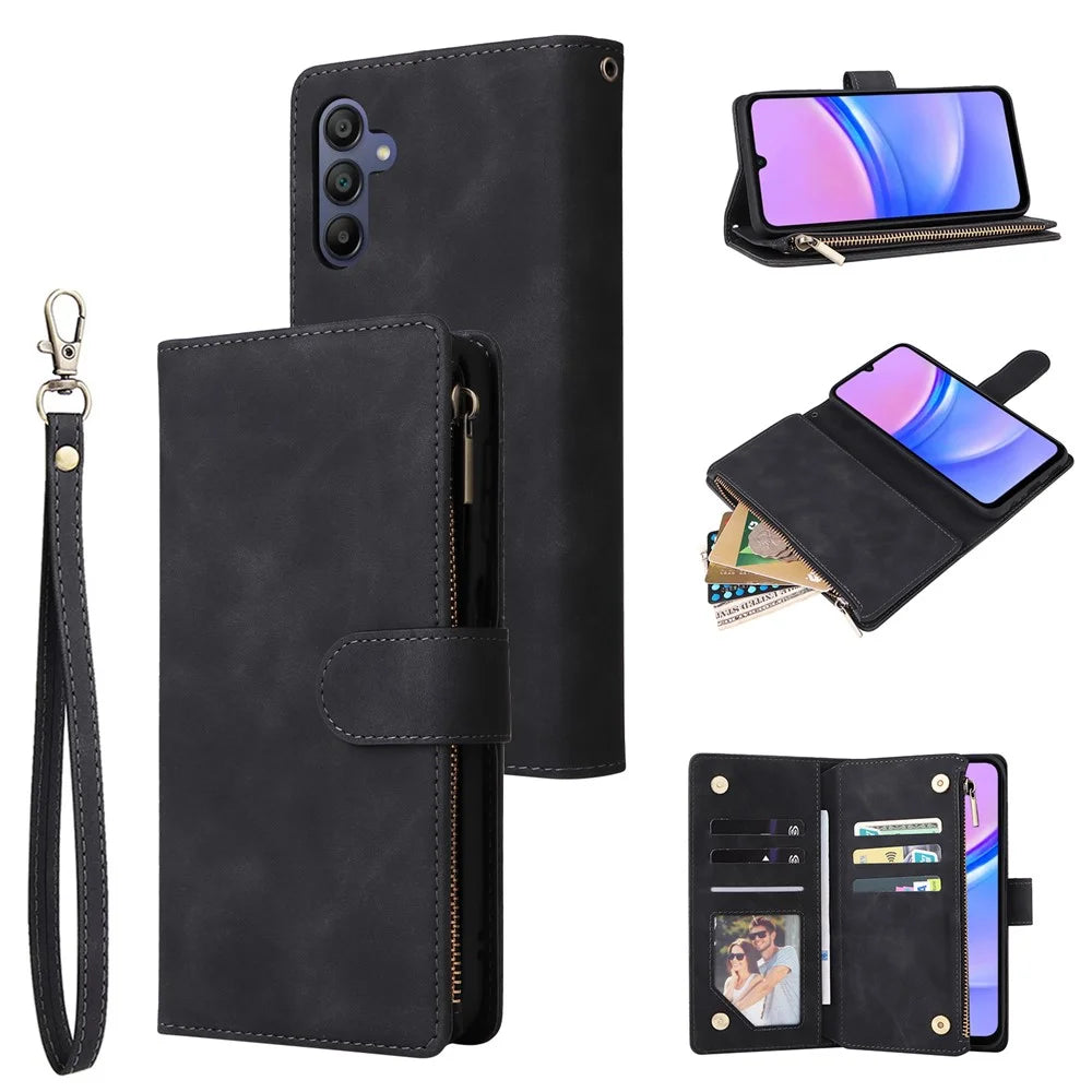 For Samsung Galaxy A16 5G / A16 4G Case Zipper Wallet Multiple Card Slots Leather Phone Cover - Black - 1