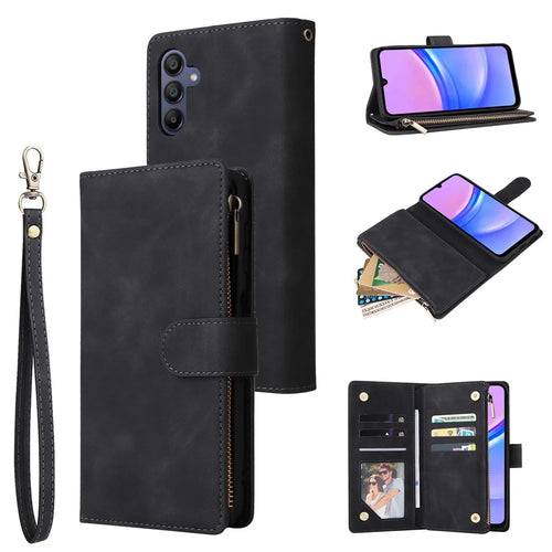 For Samsung Galaxy A16 5G / A16 4G Case Zipper Wallet Multiple Card Slots Leather Phone Cover - Black - 1