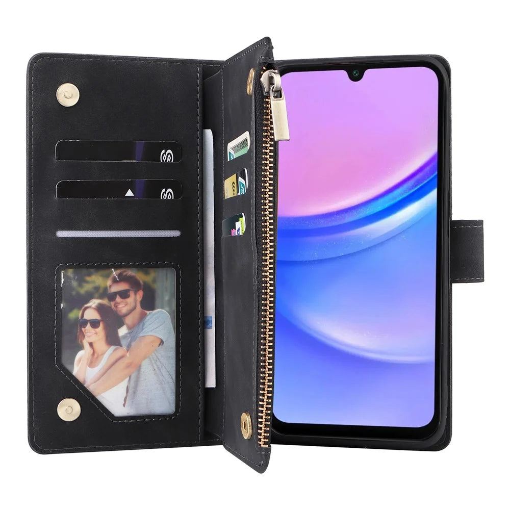 For Samsung Galaxy A16 5G / A16 4G Case Zipper Wallet Multiple Card Slots Leather Phone Cover - Black - 3