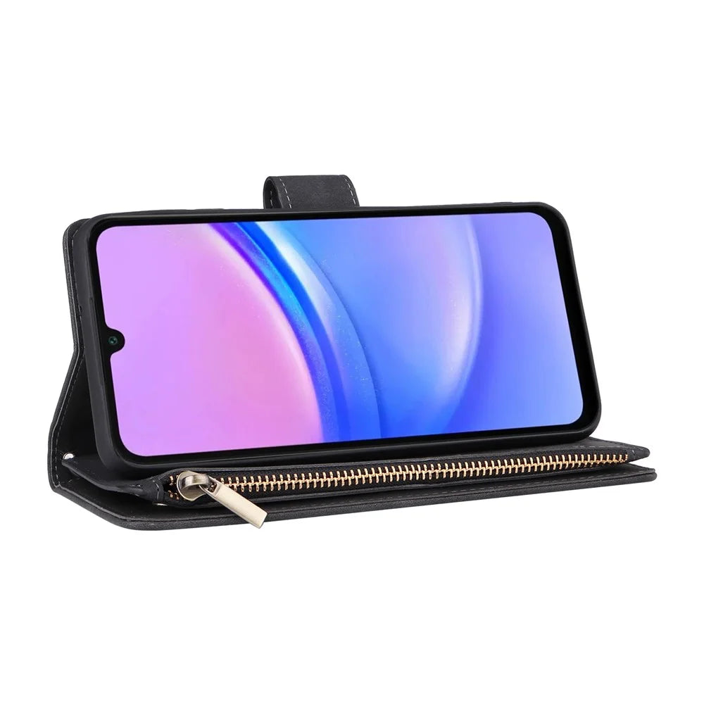 For Samsung Galaxy A16 5G / A16 4G Case Zipper Wallet Multiple Card Slots Leather Phone Cover - Black - 4