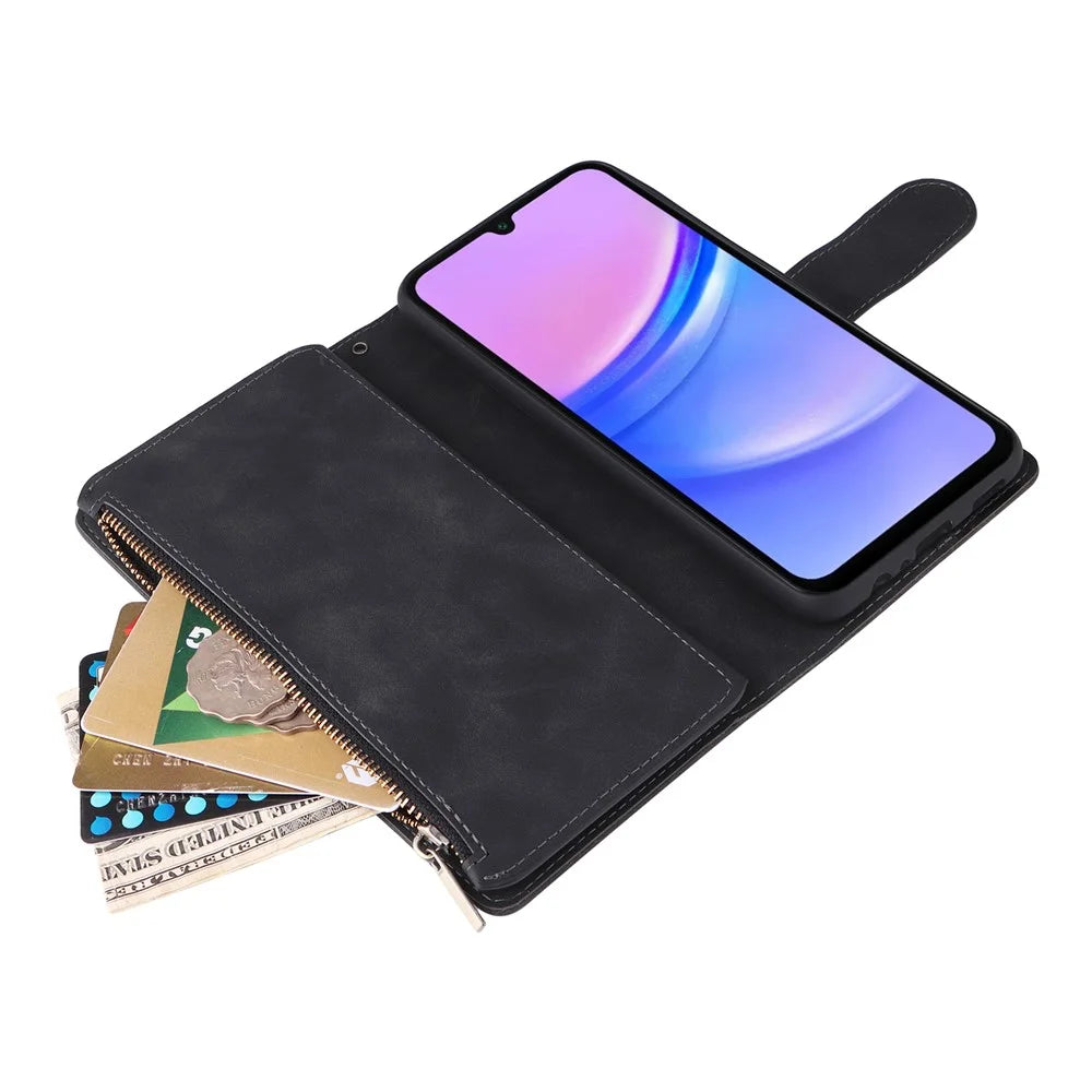 For Samsung Galaxy A16 5G / A16 4G Case Zipper Wallet Multiple Card Slots Leather Phone Cover - Black - 5