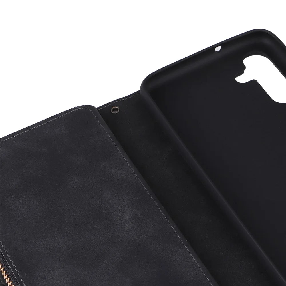 For Samsung Galaxy A16 5G / A16 4G Case Zipper Wallet Multiple Card Slots Leather Phone Cover - Black - 6
