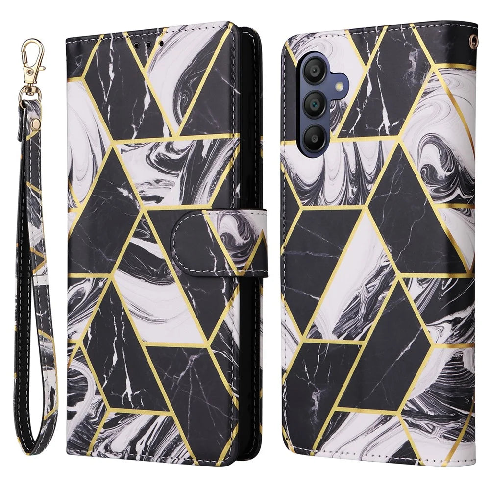 For Samsung Galaxy A16 5G / A16 4G Case Lacquered Marble Pattern Leather Phone Cover - Black - 1