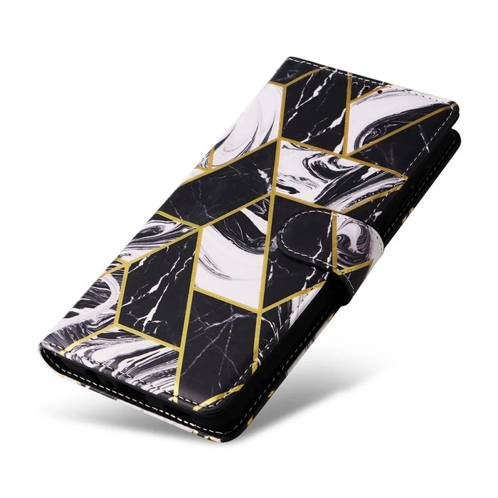 For Samsung Galaxy A16 5G / A16 4G Case Lacquered Marble Pattern Leather Phone Cover - Black - 4