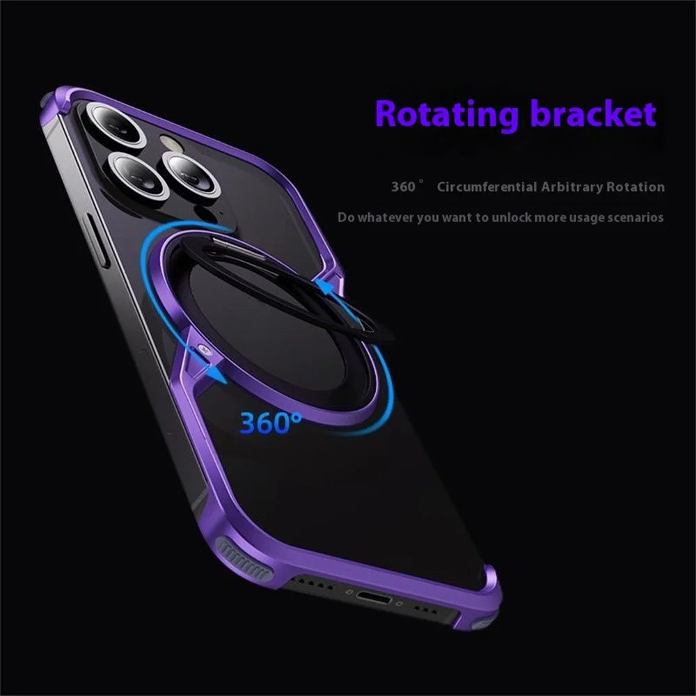 For iPhone 15 Pro Max Bumper Phone Case Rotary Ring Kickstand Aluminium Alloy S-Shape Magnetic Cover - Purple - 5