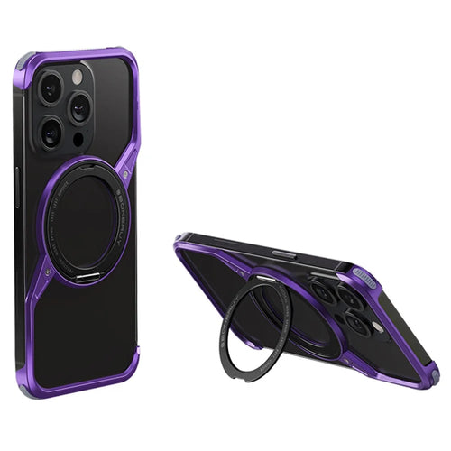 For iPhone 15 Pro Bumper Phone Case Rotary Ring Kickstand Aluminium Alloy S-Shape Magnetic Cover - Purple - 1