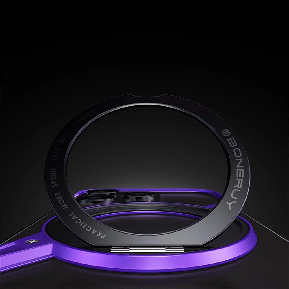 For iPhone 15 Pro Bumper Phone Case Rotary Ring Kickstand Aluminium Alloy S-Shape Magnetic Cover - Purple - 6