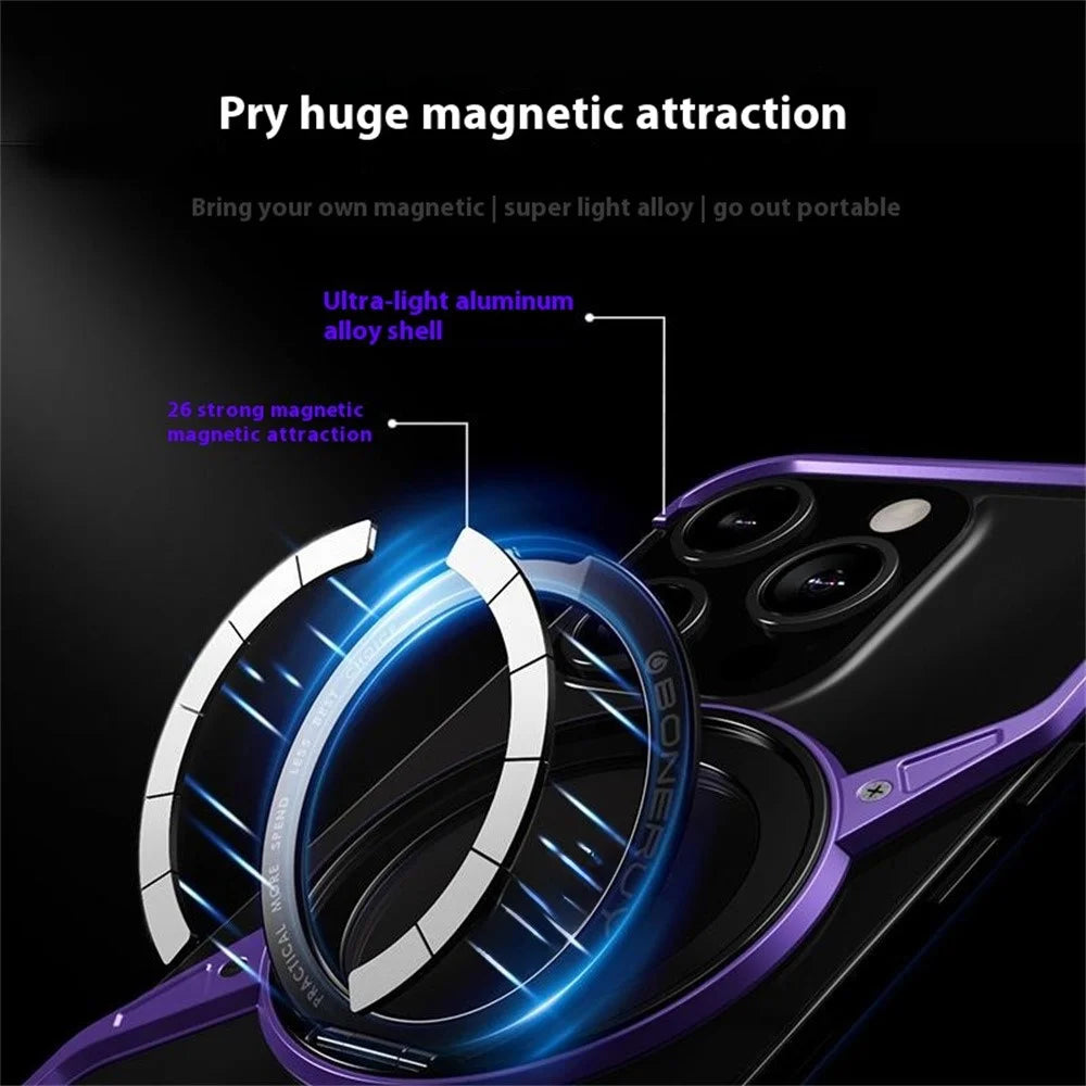 For iPhone 14 Pro Bumper Phone Case Rotary Ring Kickstand Aluminium Alloy S-Shape Magnetic Cover - Purple - 2