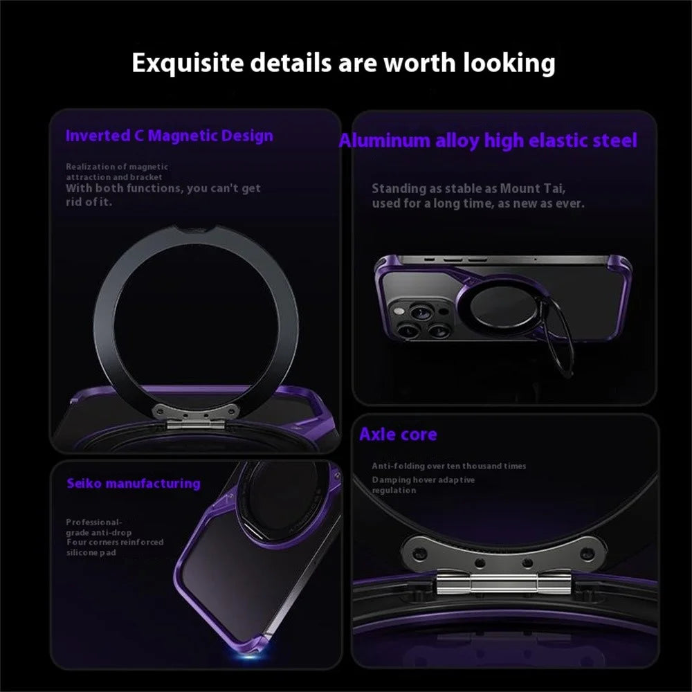 For iPhone 14 Pro Max Bumper Phone Case Rotary Ring Kickstand Aluminium Alloy S-Shape Magnetic Cover - Purple - 3