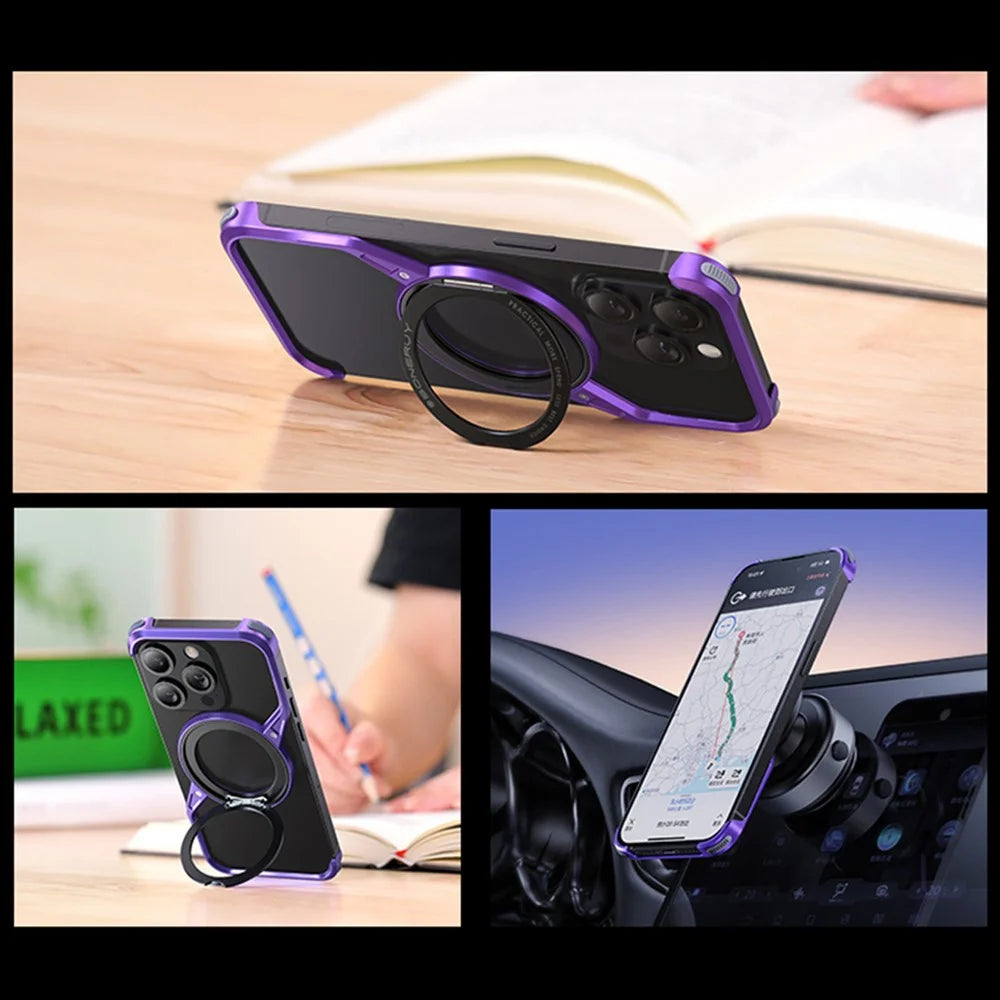 For iPhone 14 Pro Max Bumper Phone Case Rotary Ring Kickstand Aluminium Alloy S-Shape Magnetic Cover - Purple - 7