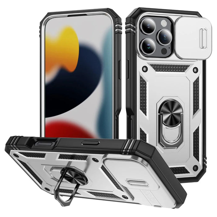 For iPhone 16 Pro Max Case Sliding Camera Cover Ring Kickstand PC+TPU Phone Shell - White+Black - 1