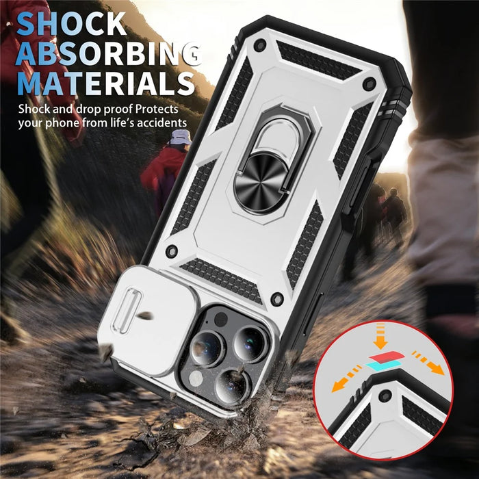 For iPhone 16 Pro Max Case Sliding Camera Cover Ring Kickstand PC+TPU Phone Shell - White+Black - 4