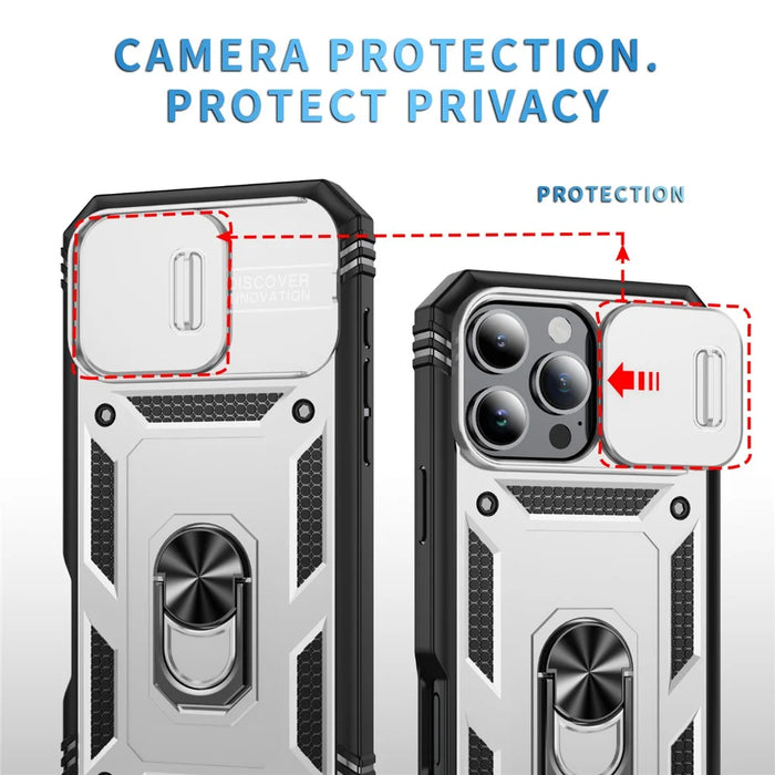 For iPhone 16 Pro Max Case Sliding Camera Cover Ring Kickstand PC+TPU Phone Shell - White+Black - 5