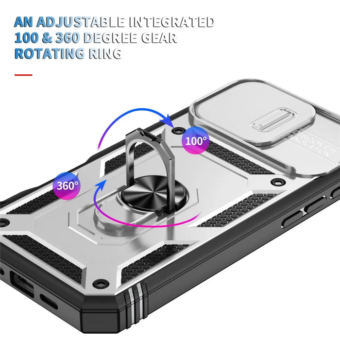 For iPhone 16 Pro Max Case Sliding Camera Cover Ring Kickstand PC+TPU Phone Shell - White+Black - 7