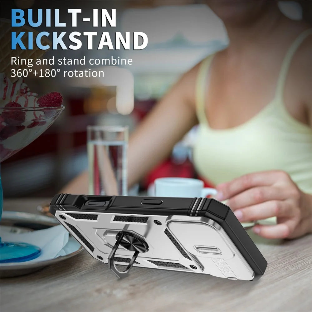 For iPhone 16 Pro Case Sliding Camera Cover Ring Kickstand PC+TPU Phone Shell - White+Black - 2