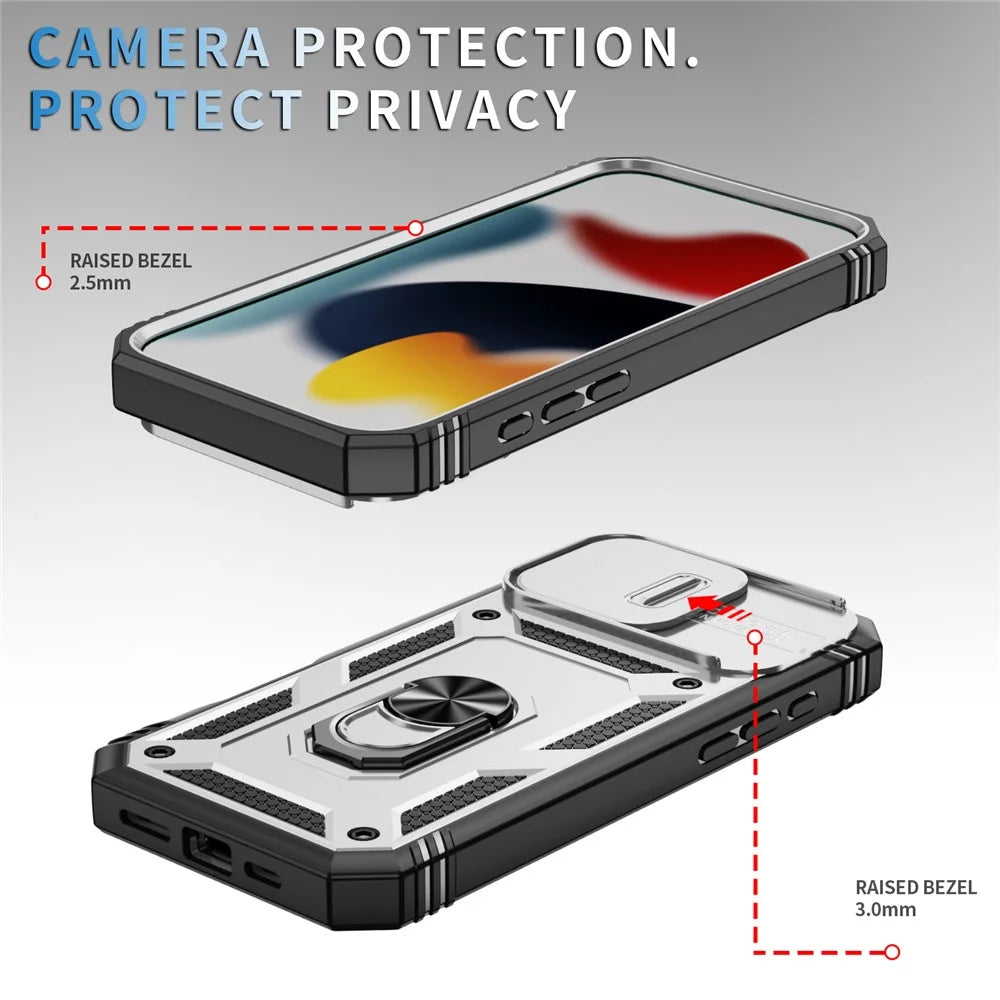 For iPhone 16 Pro Case Sliding Camera Cover Ring Kickstand PC+TPU Phone Shell - White+Black - 3