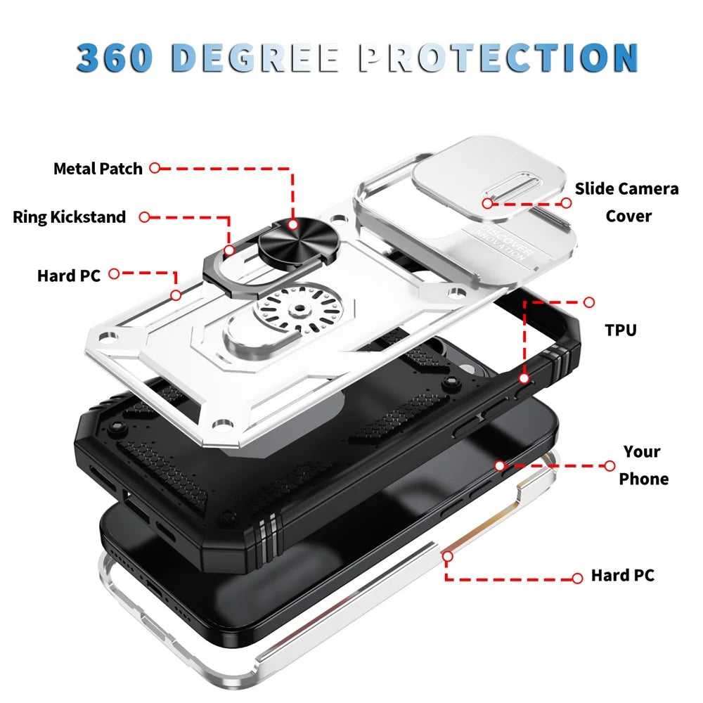 For iPhone 16 Pro Case Sliding Camera Cover Ring Kickstand PC+TPU Phone Shell - White+Black - 6