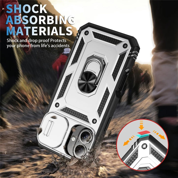 For iPhone 16 Case Sliding Camera Cover Ring Kickstand PC+TPU Phone Shell - White+Black - 2