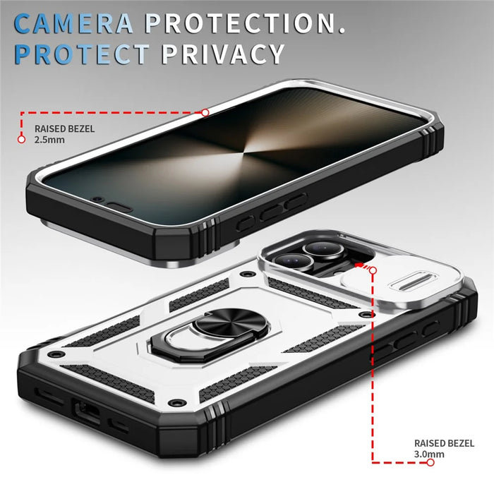 For iPhone 16 Case Sliding Camera Cover Ring Kickstand PC+TPU Phone Shell - White+Black - 4