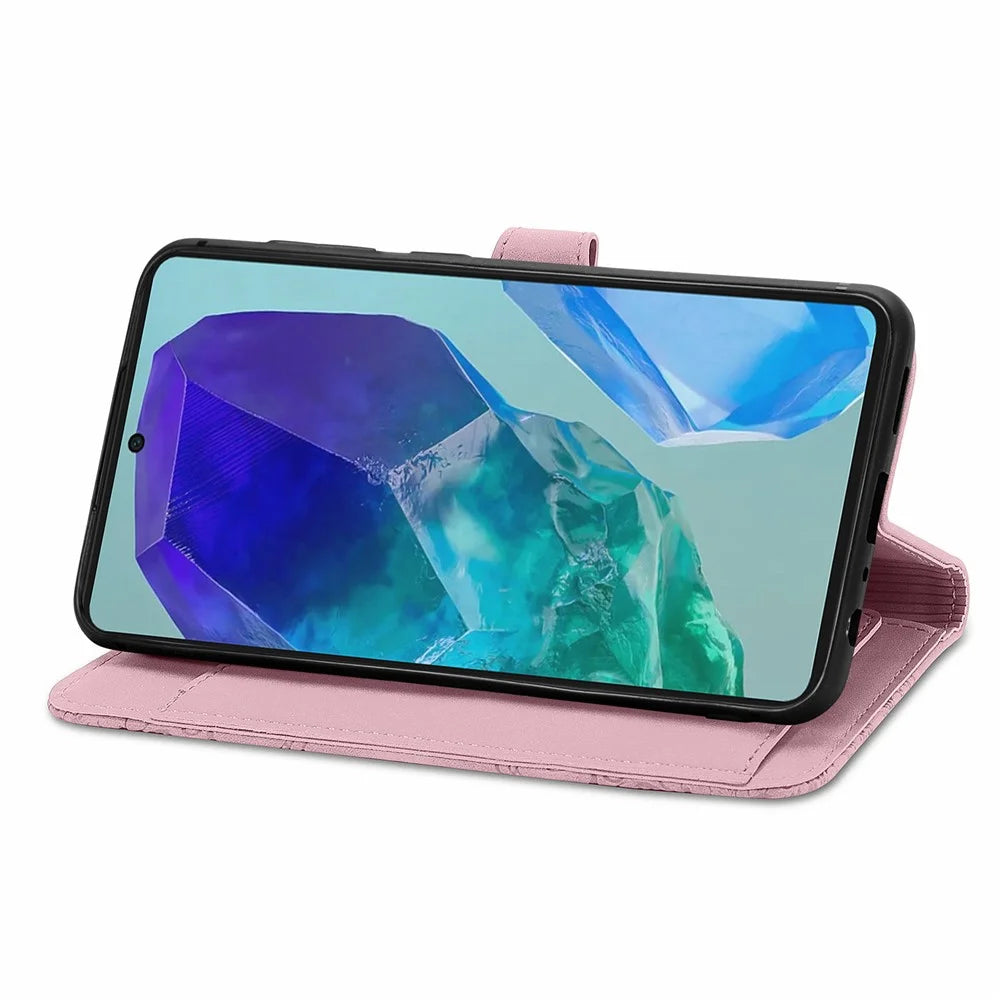 For Samsung Galaxy A16 5G / A16 4G Zipper Wallet Case with Strap Flower Imprint PU Leather Phone Cover - Pink - 3