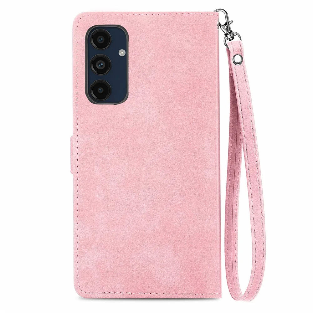 For Samsung Galaxy A16 5G / A16 4G Zipper Wallet Case with Strap Flower Imprint PU Leather Phone Cover - Pink - 7