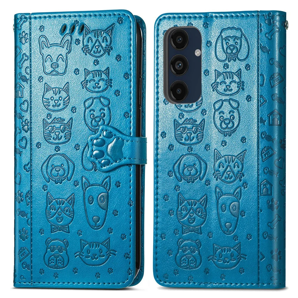 For Samsung Galaxy A16 5G / A16 4G Leather Wallet Case Flip Phone Cover with Cute Cat Dog Pattern - Blue - 1