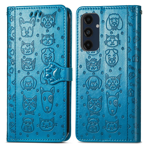 For Samsung Galaxy A16 5G / A16 4G Leather Wallet Case Flip Phone Cover with Cute Cat Dog Pattern - Blue - 1