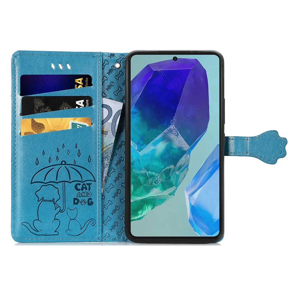 For Samsung Galaxy A16 5G / A16 4G Leather Wallet Case Flip Phone Cover with Cute Cat Dog Pattern - Blue - 2