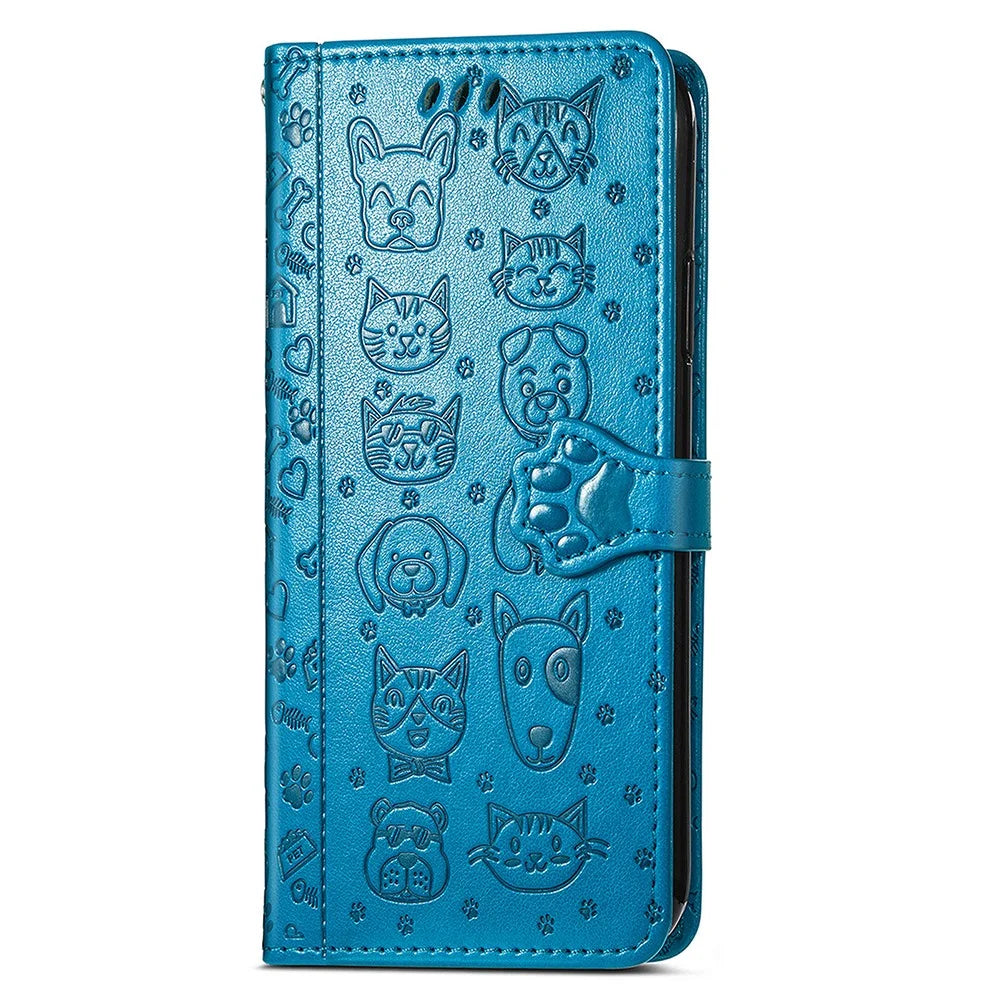 For Samsung Galaxy A16 5G / A16 4G Leather Wallet Case Flip Phone Cover with Cute Cat Dog Pattern - Blue - 5