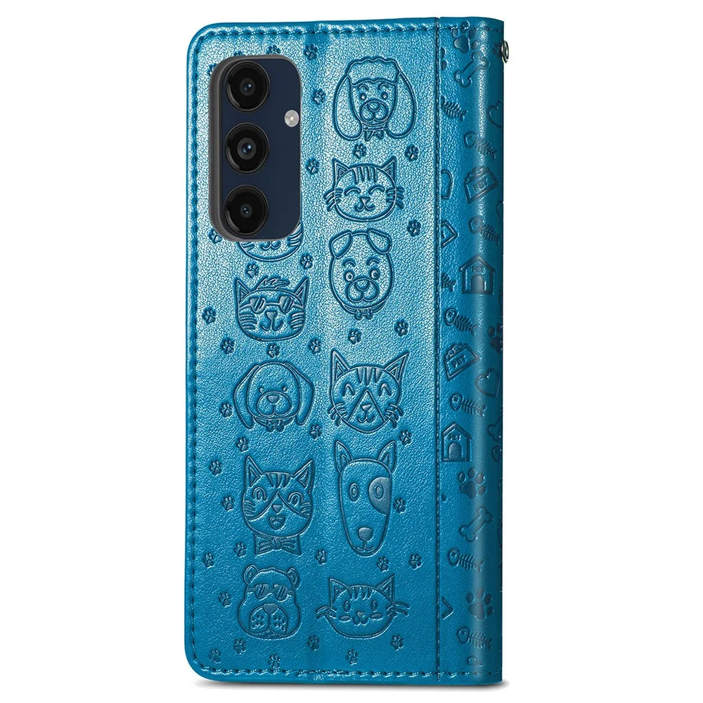For Samsung Galaxy A16 5G / A16 4G Leather Wallet Case Flip Phone Cover with Cute Cat Dog Pattern - Blue - 6