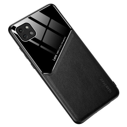 For Samsung Galaxy A22 5G (EU Version) Textured PU Leather Coated TPU + PC Anti-scratch Case Phone Back Cover with Built-in Metal Sheet - Black - 1
