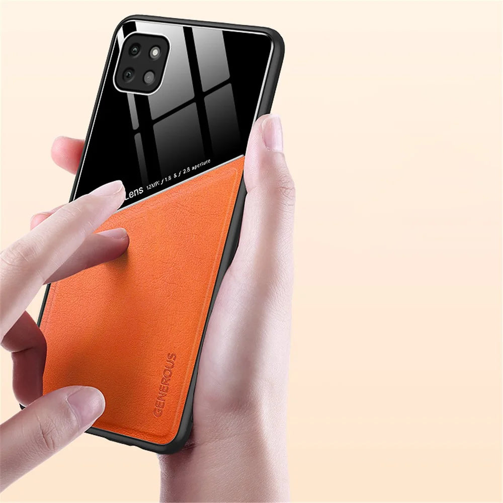 For Samsung Galaxy A22 5G (EU Version) Textured PU Leather Coated TPU + PC Anti-scratch Case Phone Back Cover with Built-in Metal Sheet - Black - 4