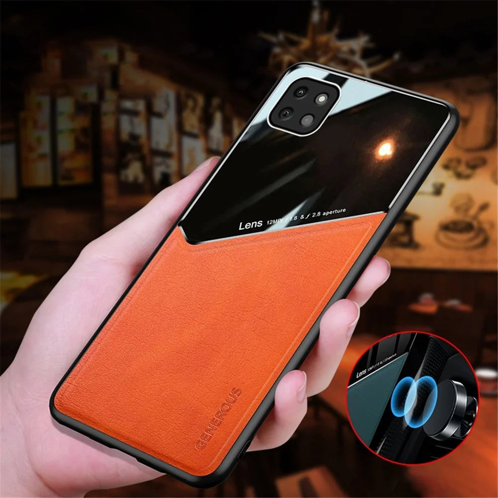 For Samsung Galaxy A22 5G (EU Version) Textured PU Leather Coated TPU + PC Anti-scratch Case Phone Back Cover with Built-in Metal Sheet - Black - 5