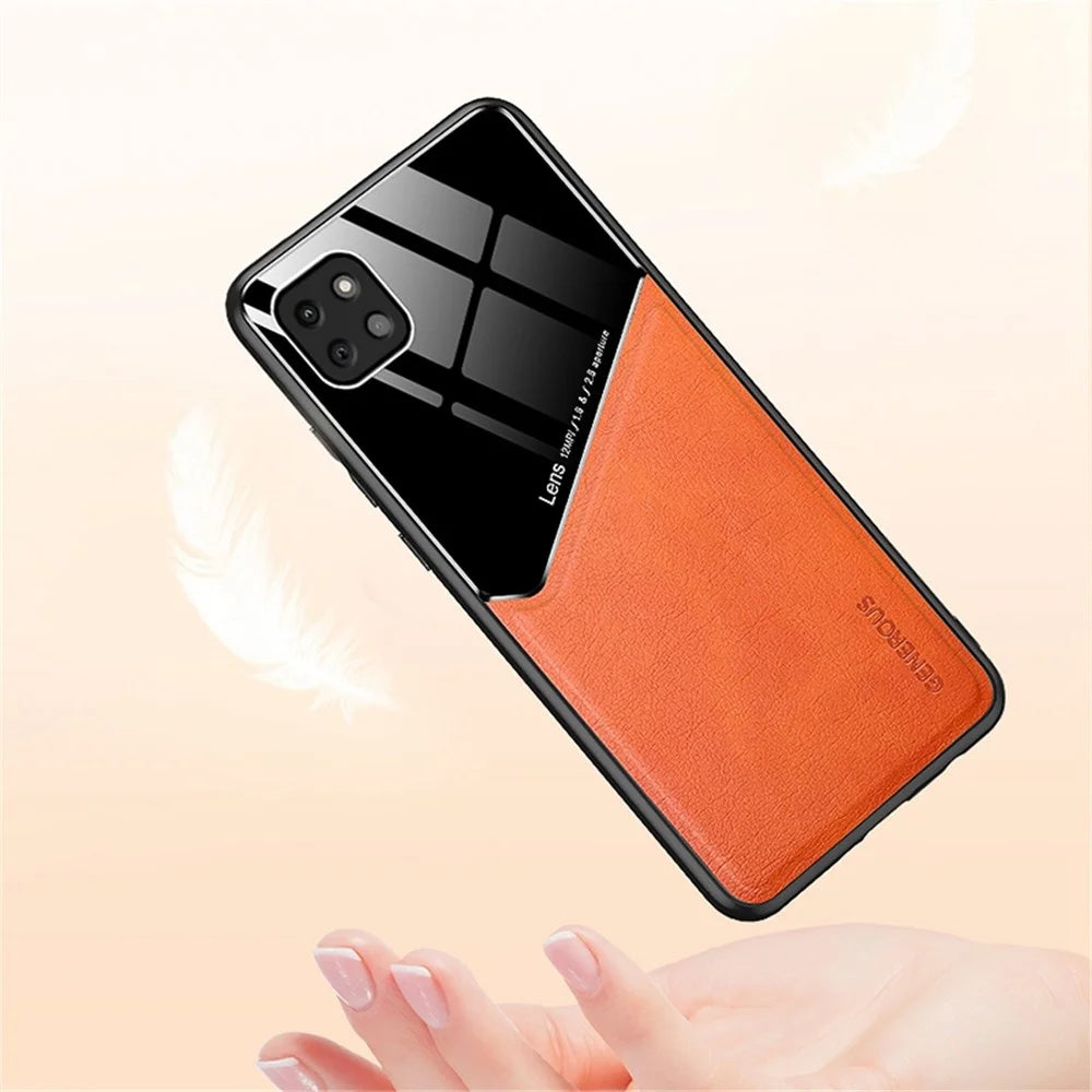 For Samsung Galaxy A22 5G (EU Version) Textured PU Leather Coated TPU + PC Anti-scratch Case Phone Back Cover with Built-in Metal Sheet - Black - 7