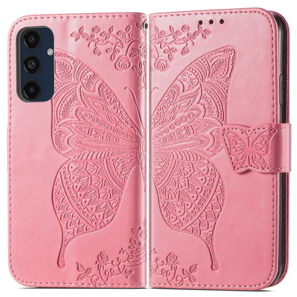 For Samsung Galaxy A16 5G / A16 4G Case PU Leather Wallet Phone Cover Butterfly Pattern - Pink - 1