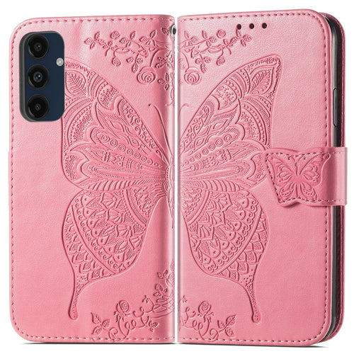 For Samsung Galaxy A16 5G / A16 4G Case PU Leather Wallet Phone Cover Butterfly Pattern - Pink - 1