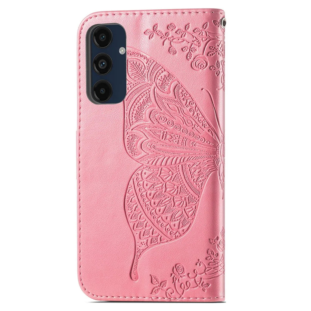 For Samsung Galaxy A16 5G / A16 4G Case PU Leather Wallet Phone Cover Butterfly Pattern - Pink - 5