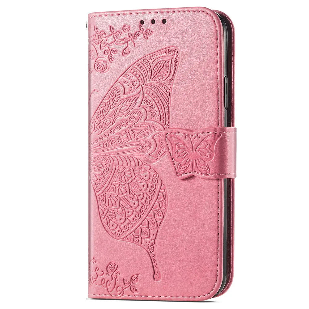For Samsung Galaxy A16 5G / A16 4G Case PU Leather Wallet Phone Cover Butterfly Pattern - Pink - 6