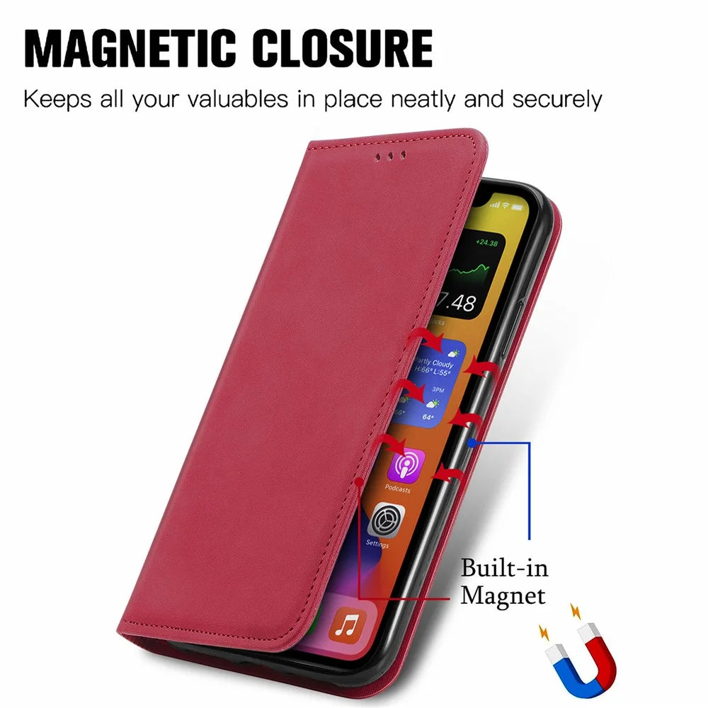 For Samsung Galaxy A16 5G / A16 4G Leather Case with Card Holder Magnetic Absorption Phone Cover - Red - 4