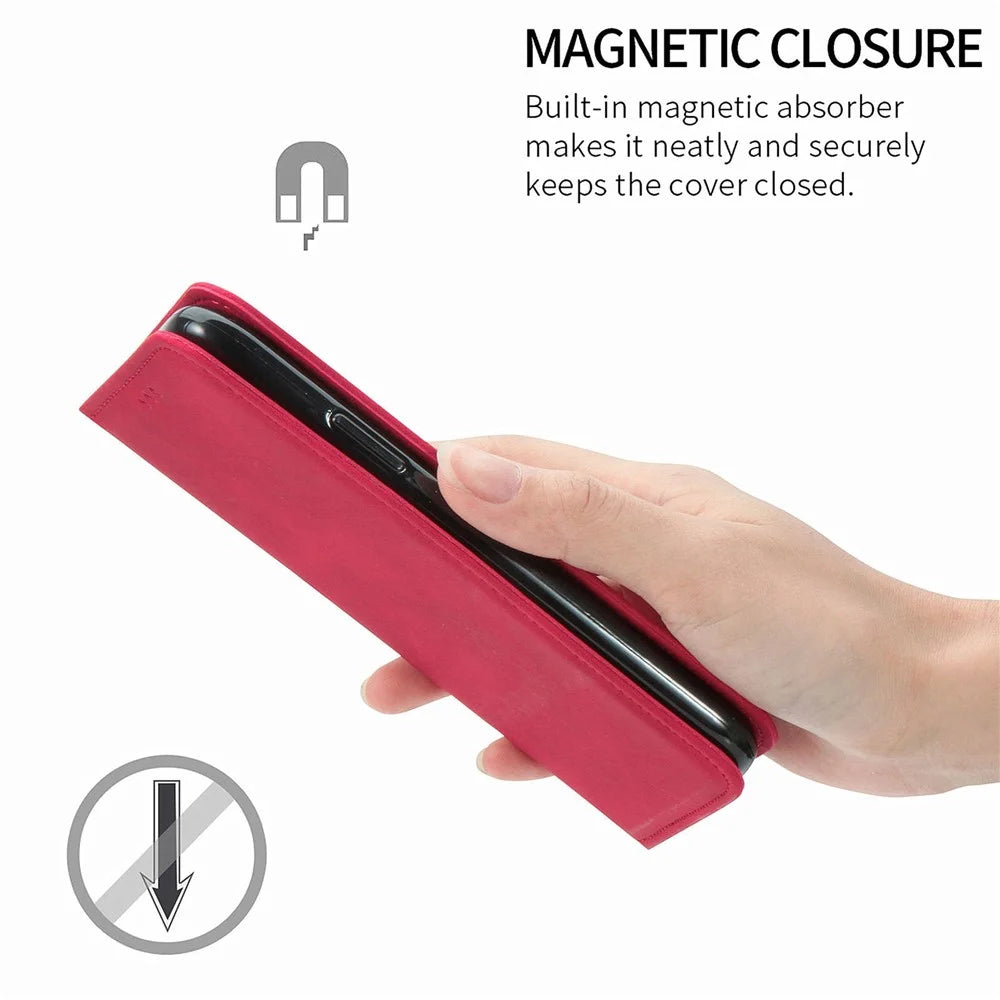For Samsung Galaxy A16 5G / A16 4G Leather Case with Card Holder Magnetic Absorption Phone Cover - Red - 6