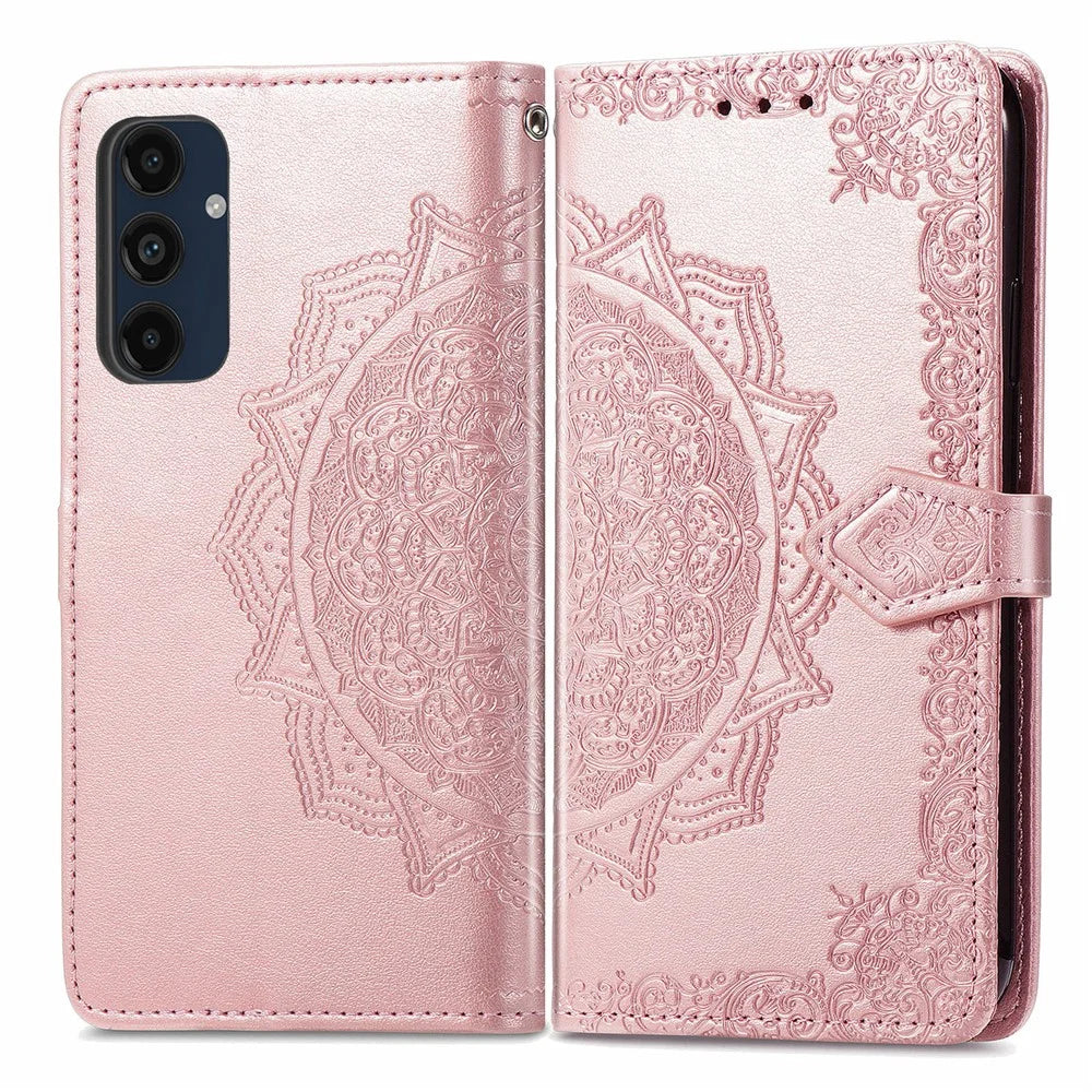 For Samsung Galaxy A16 5G / A16 4G Case Mandala Embossed Design Leather Wallet Phone Cover - Rose Gold - 1